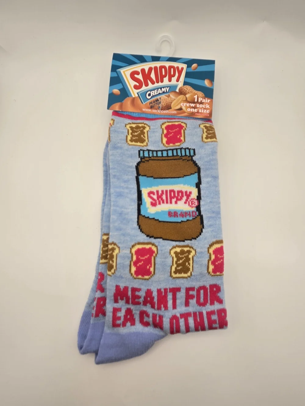 Light Blue Crew Socks with Peanut Butter Jar Design